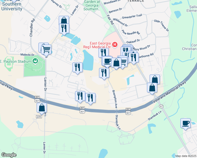 map of restaurants, bars, coffee shops, grocery stores, and more near 1150 Brampton Avenue in Statesboro