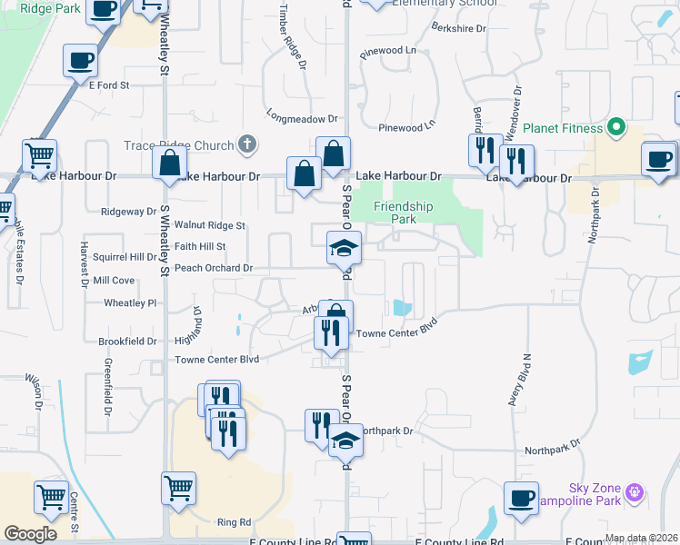 map of restaurants, bars, coffee shops, grocery stores, and more near 312 Peach Orchard Drive in Ridgeland