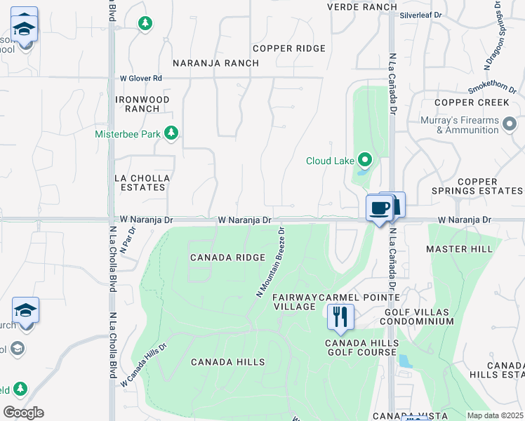 map of restaurants, bars, coffee shops, grocery stores, and more near 1681 North Sun Rose Drive in Oro Valley