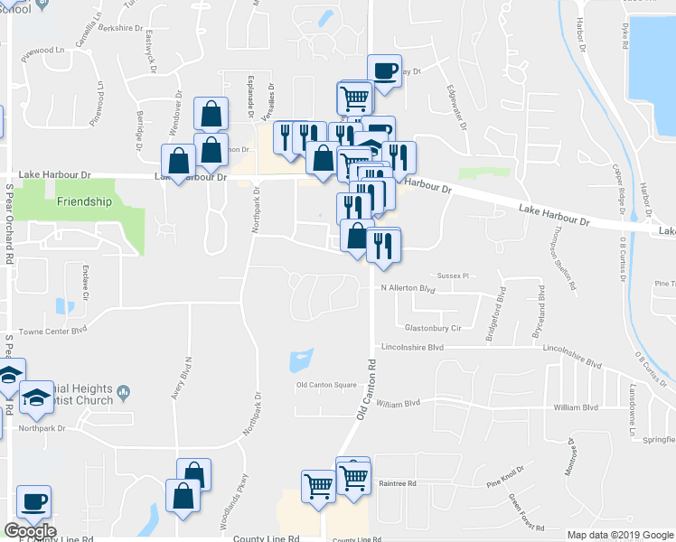 map of restaurants, bars, coffee shops, grocery stores, and more near 5 North Allerton Boulevard in Ridgeland