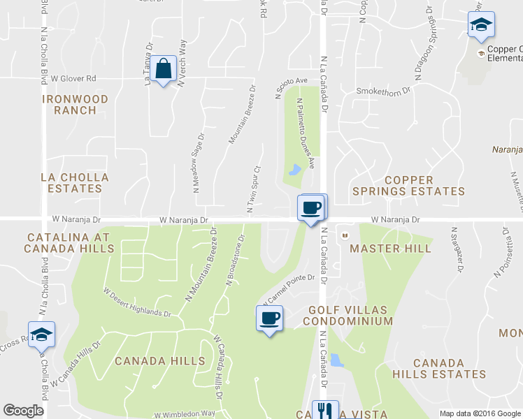 map of restaurants, bars, coffee shops, grocery stores, and more near 1565 West Periwinkle Place in Tucson