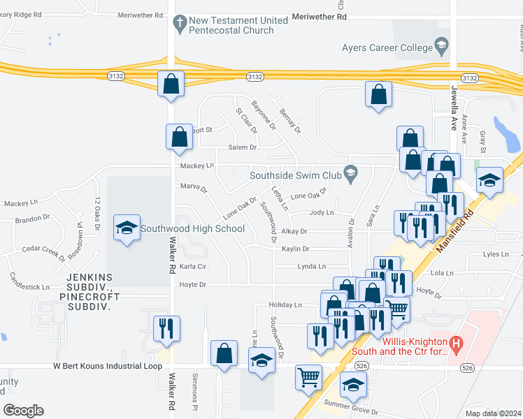map of restaurants, bars, coffee shops, grocery stores, and more near 9010 Southwood Drive in Shreveport