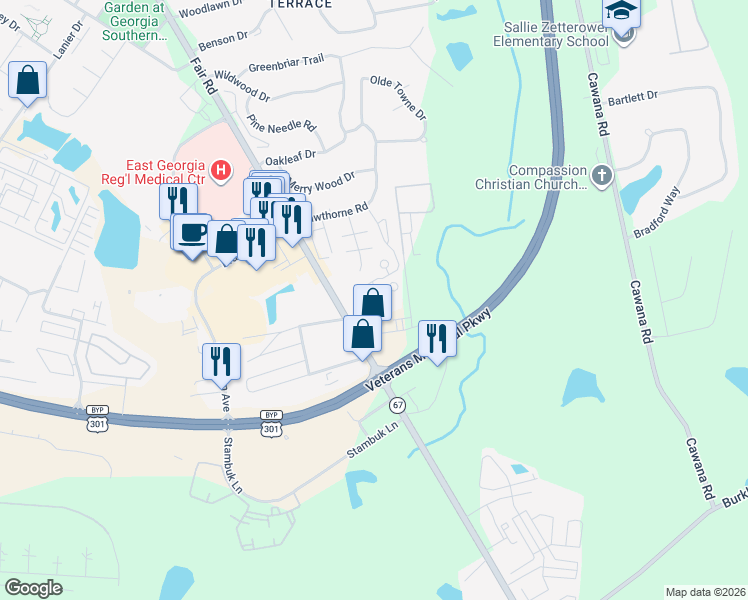 map of restaurants, bars, coffee shops, grocery stores, and more near 19 Sagebrush Apartments in Statesboro