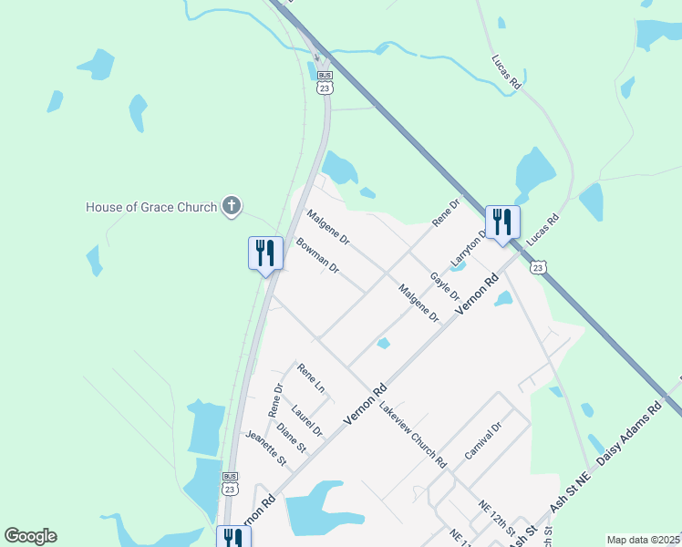 map of restaurants, bars, coffee shops, grocery stores, and more near 131 Bowman Drive in Cochran