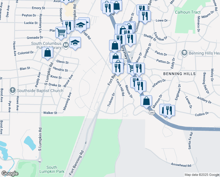 map of restaurants, bars, coffee shops, grocery stores, and more near 2318 Fort Benning Road in Columbus