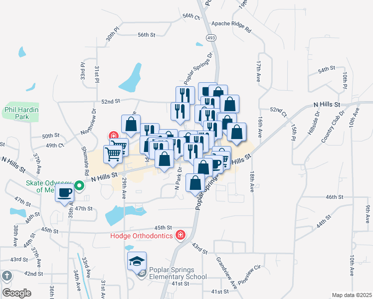 map of restaurants, bars, coffee shops, grocery stores, and more near 2309 Old North Hills Street in Meridian