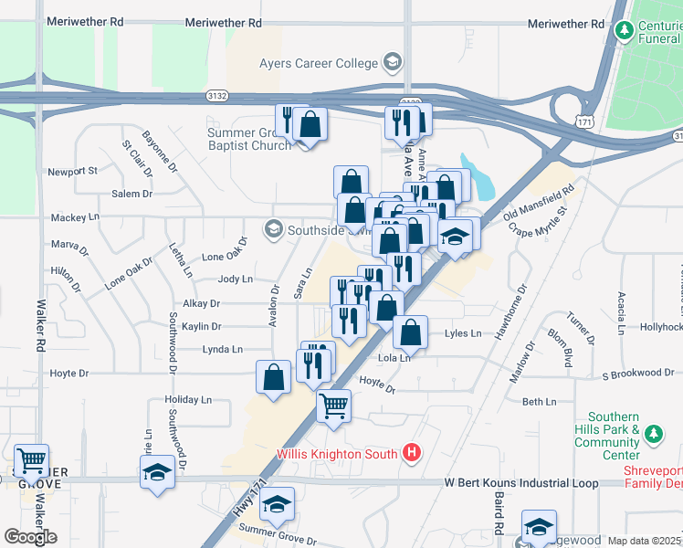 map of restaurants, bars, coffee shops, grocery stores, and more near 2710 Alkay Drive in Shreveport