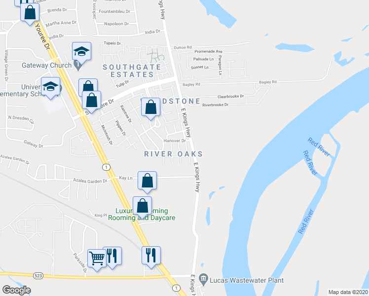 map of restaurants, bars, coffee shops, grocery stores, and more near 10314 Los Altos Drive in Shreveport