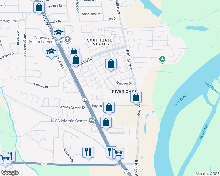 map of restaurants, bars, coffee shops, grocery stores, and more near 10134 Carlsbad Drive in Shreveport