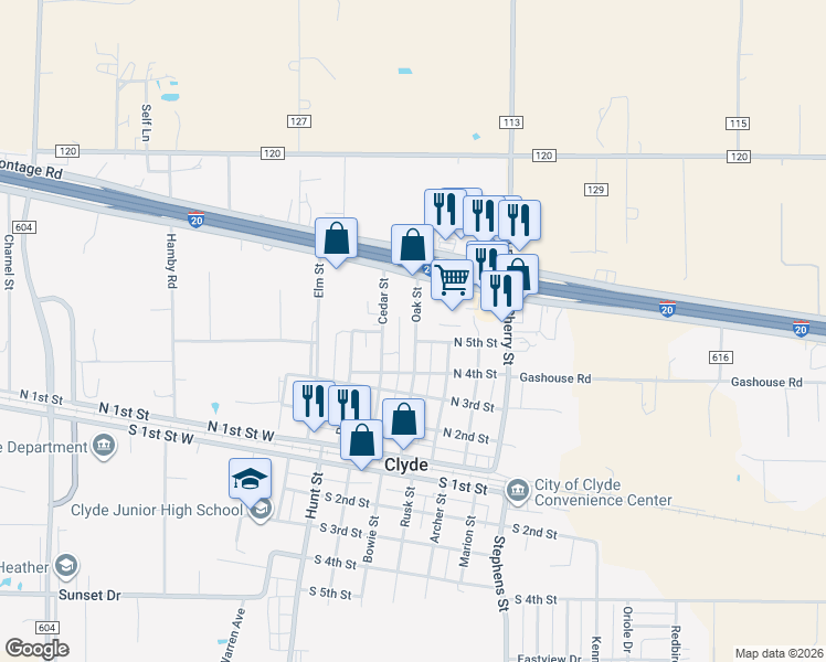 map of restaurants, bars, coffee shops, grocery stores, and more near 504 Oak Street in Clyde