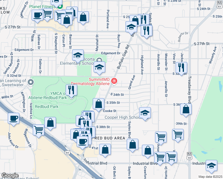 map of restaurants, bars, coffee shops, grocery stores, and more near 3301 Buffalo Gap Road in Abilene