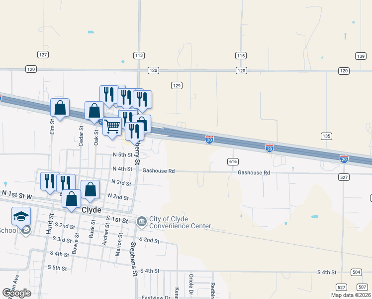 map of restaurants, bars, coffee shops, grocery stores, and more near 899 South Access Road in Clyde