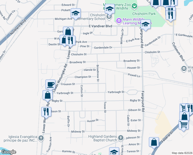 map of restaurants, bars, coffee shops, grocery stores, and more near 3427 Broadview Street in Montgomery