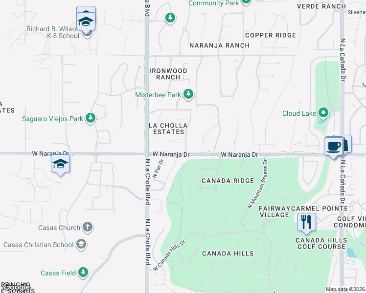 map of restaurants, bars, coffee shops, grocery stores, and more near 11244 North Cactus Rose Drive in Tucson
