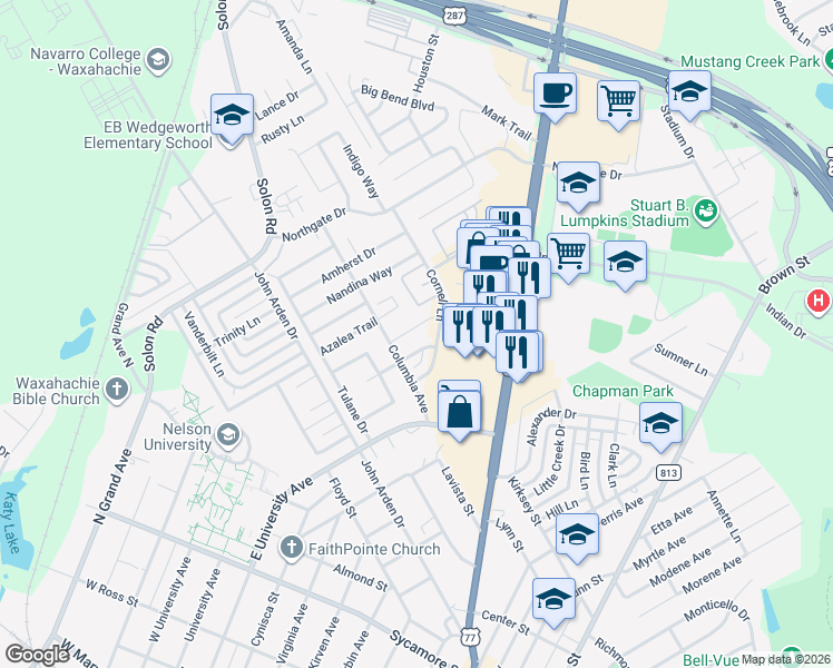 map of restaurants, bars, coffee shops, grocery stores, and more near 804 Hibiscus Trail in Waxahachie