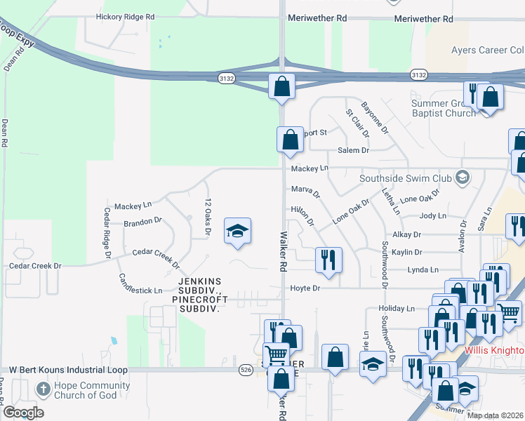 map of restaurants, bars, coffee shops, grocery stores, and more near 9000 Walker Road in Shreveport