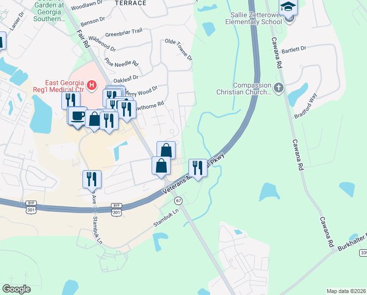 map of restaurants, bars, coffee shops, grocery stores, and more near 133 West Treatment Plant Road in Statesboro