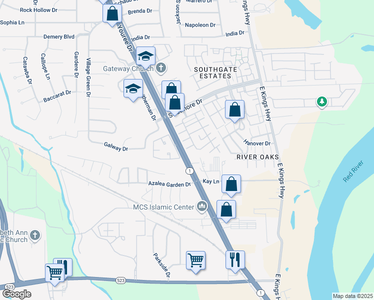 map of restaurants, bars, coffee shops, grocery stores, and more near 552 Honeygold Drive in Shreveport