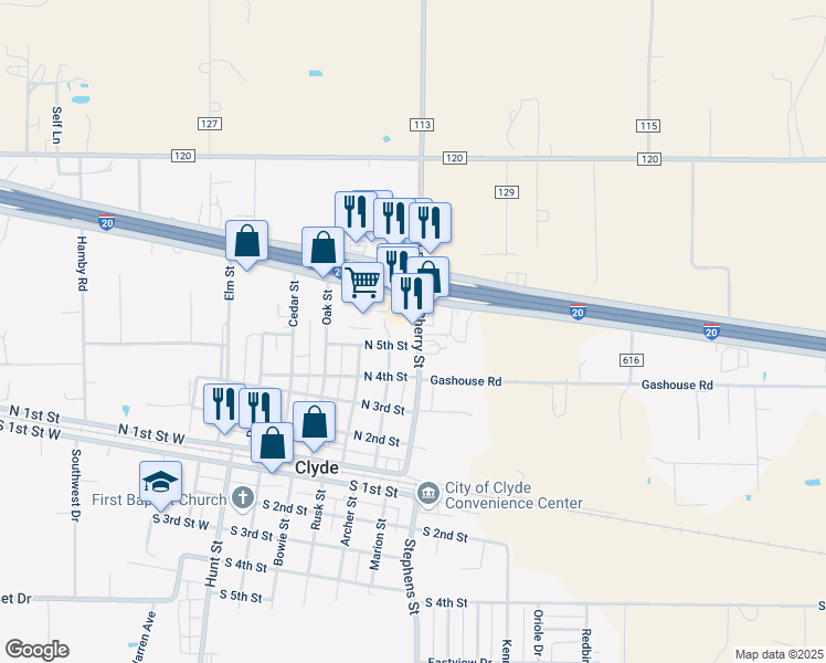 map of restaurants, bars, coffee shops, grocery stores, and more near 512 Cherry Street in Clyde
