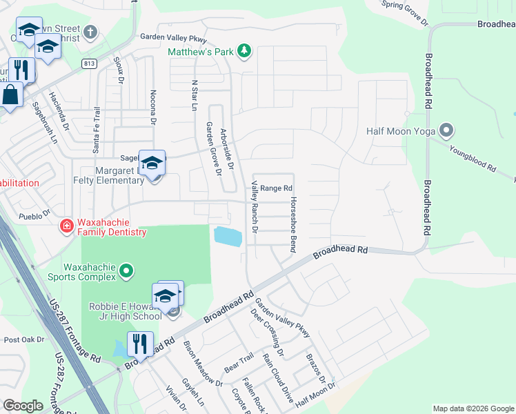 map of restaurants, bars, coffee shops, grocery stores, and more near 200 Rawhide Street in Waxahachie