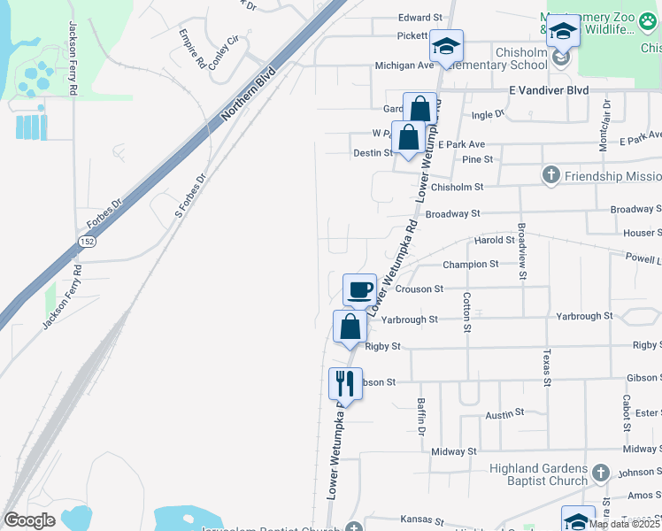 map of restaurants, bars, coffee shops, grocery stores, and more near 3545 Jason Court in Montgomery