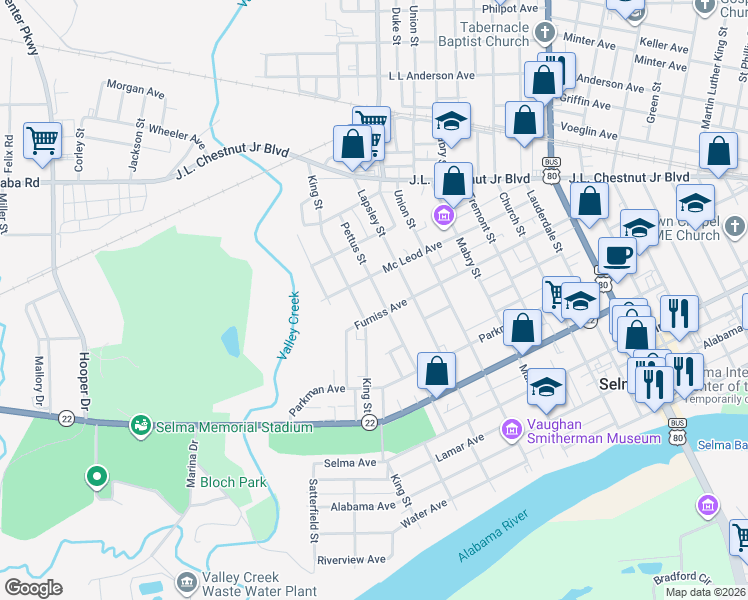 map of restaurants, bars, coffee shops, grocery stores, and more near 615 Pettus Street in Selma