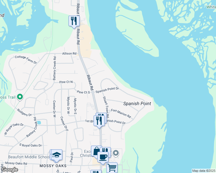 map of restaurants, bars, coffee shops, grocery stores, and more near 45 Stuart Town Court in Beaufort