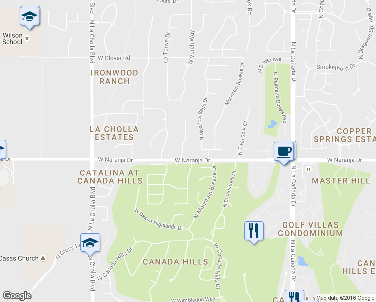 map of restaurants, bars, coffee shops, grocery stores, and more near 11230 North Placita Alameda Dorada in Tucson