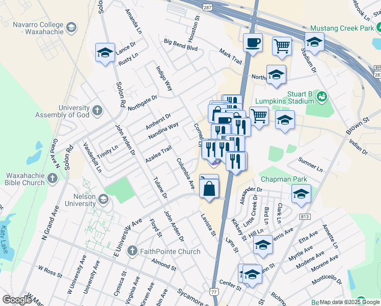 map of restaurants, bars, coffee shops, grocery stores, and more near 814 Hibiscus Trail in Waxahachie