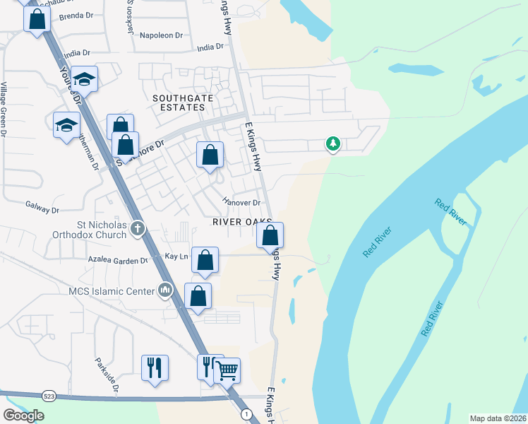 map of restaurants, bars, coffee shops, grocery stores, and more near 10311 Los Altos Drive in Shreveport