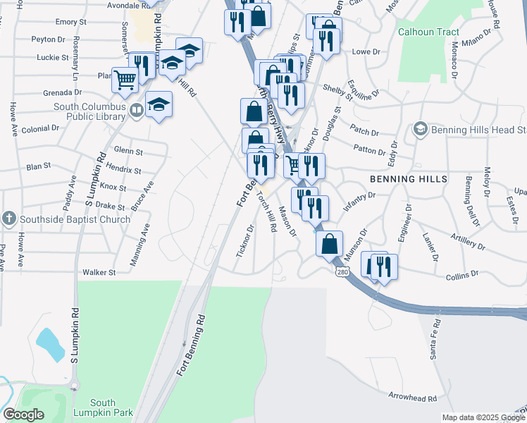 map of restaurants, bars, coffee shops, grocery stores, and more near 126 Torch Hill Road in Columbus
