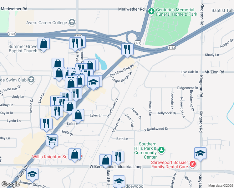 map of restaurants, bars, coffee shops, grocery stores, and more near 8918 Hawthorne Drive in Shreveport