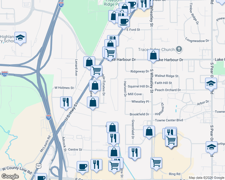 map of restaurants, bars, coffee shops, grocery stores, and more near 626 Ralde Circle in Ridgeland