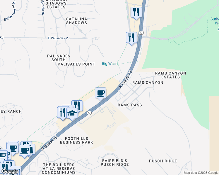 map of restaurants, bars, coffee shops, grocery stores, and more near 11177 North Oracle Road in Tucson