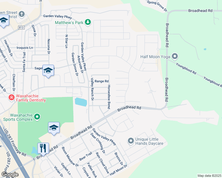 map of restaurants, bars, coffee shops, grocery stores, and more near 113 Piper Parkway in Waxahachie