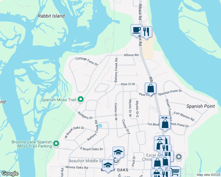 map of restaurants, bars, coffee shops, grocery stores, and more near 2672 Joshua Circle in Beaufort