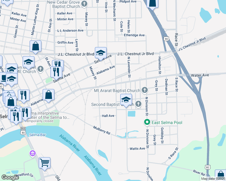 map of restaurants, bars, coffee shops, grocery stores, and more near 2401 Carver Avenue in Selma