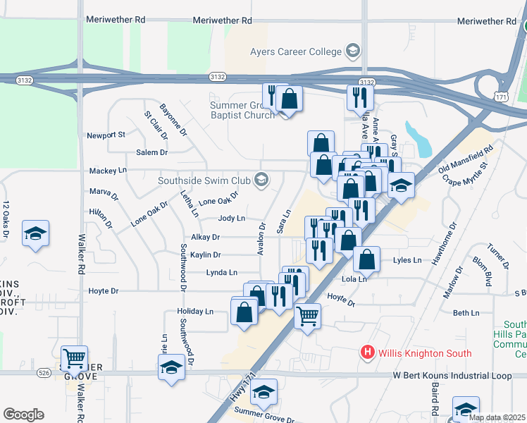 map of restaurants, bars, coffee shops, grocery stores, and more near 9030 Avalon Drive in Shreveport