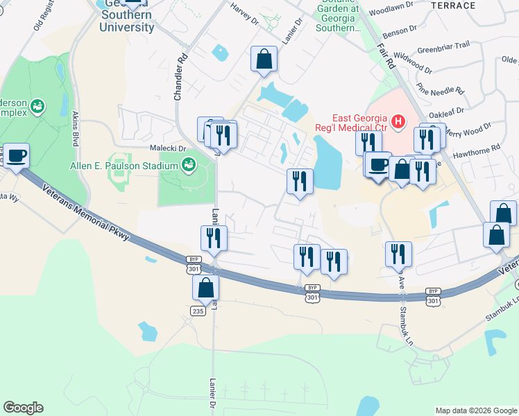 map of restaurants, bars, coffee shops, grocery stores, and more near 814 Robin Hood Trail in Statesboro