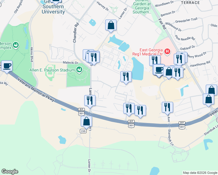 map of restaurants, bars, coffee shops, grocery stores, and more near 814 Robin Hood Trail in Statesboro