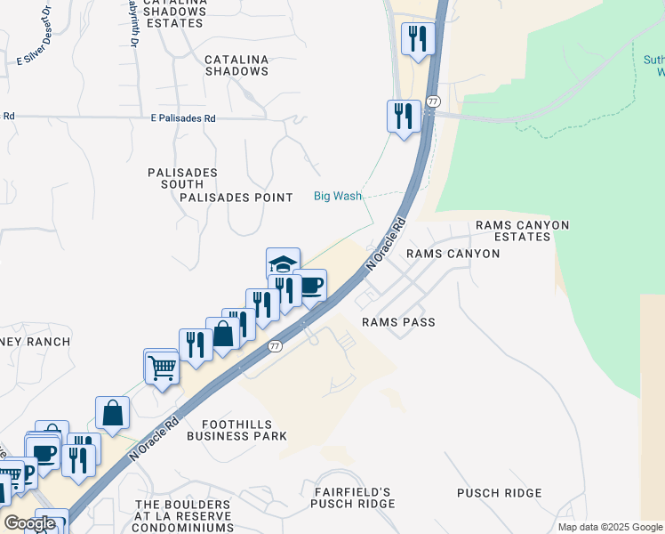 map of restaurants, bars, coffee shops, grocery stores, and more near 11177 North Oracle Road in Tucson
