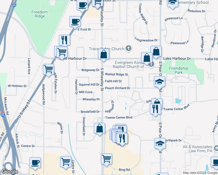 map of restaurants, bars, coffee shops, grocery stores, and more near 214 Peach Orchard Drive in Ridgeland