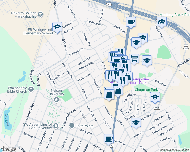 map of restaurants, bars, coffee shops, grocery stores, and more near 803 Hibiscus Trail in Waxahachie