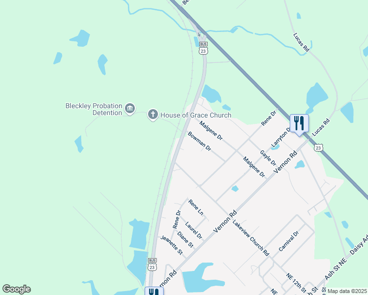 map of restaurants, bars, coffee shops, grocery stores, and more near Golden Isles Hwy in Cochran