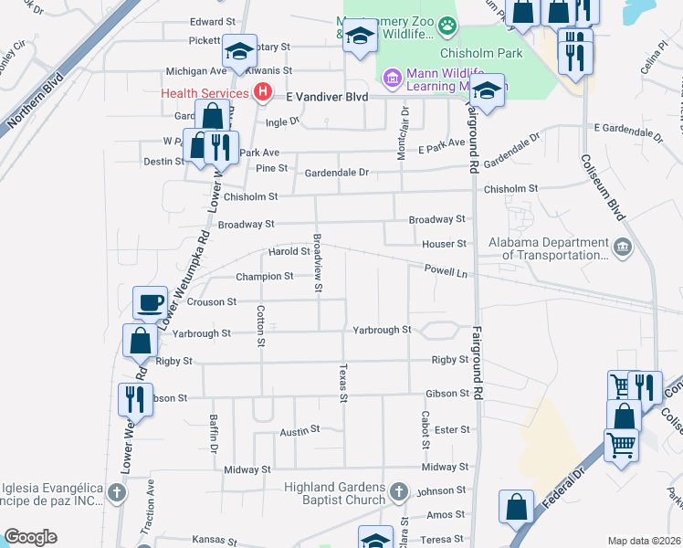 map of restaurants, bars, coffee shops, grocery stores, and more near 3431 Texas Street in Montgomery