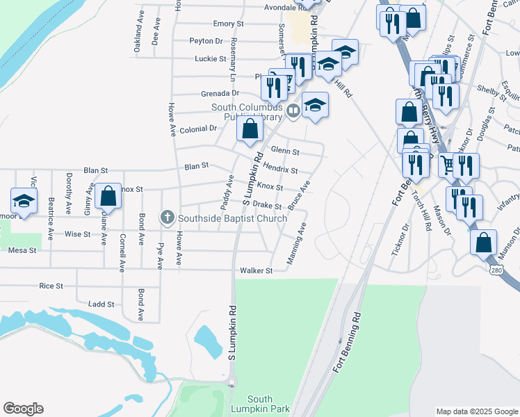 map of restaurants, bars, coffee shops, grocery stores, and more near 3120 Drake Street in Columbus