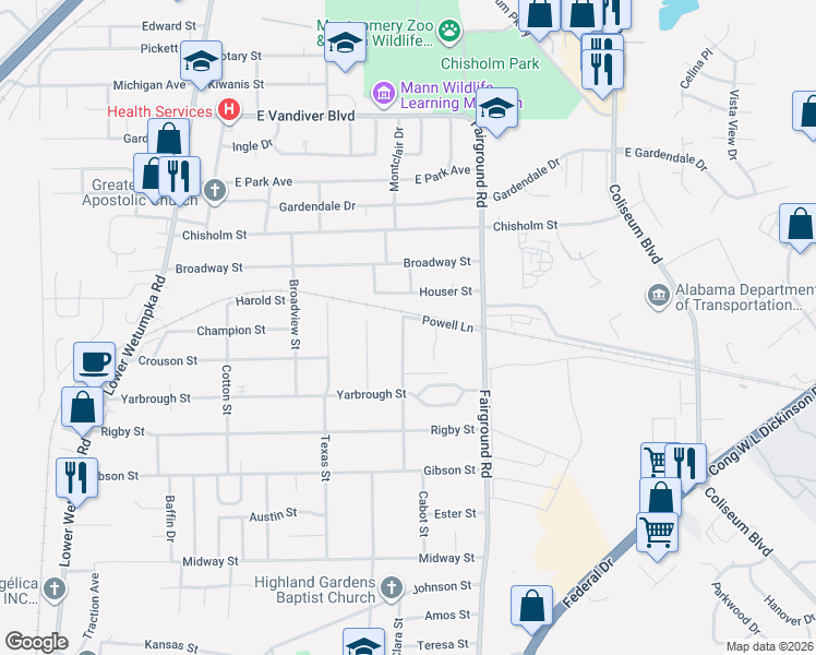 map of restaurants, bars, coffee shops, grocery stores, and more near 3462 East Street in Montgomery