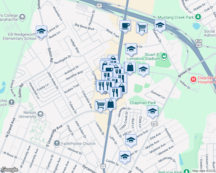 map of restaurants, bars, coffee shops, grocery stores, and more near 1100 North Highway 77 in Waxahachie