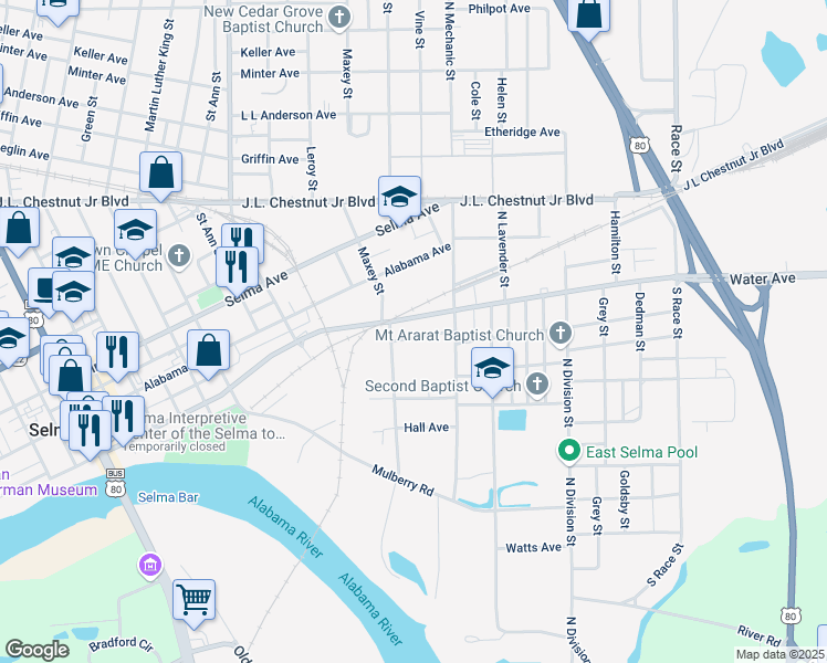 map of restaurants, bars, coffee shops, grocery stores, and more near 2401-2407 Carver Avenue in Selma