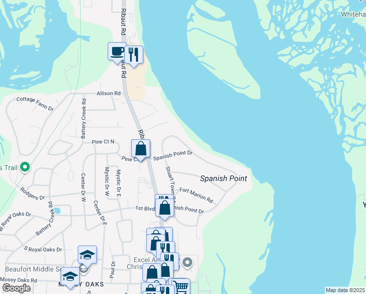 map of restaurants, bars, coffee shops, grocery stores, and more near 45 Stuart Town Ct in Beaufort